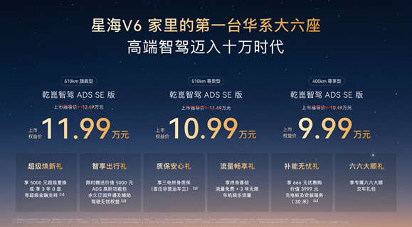 华系大六座星海V6正式上市9.99万元起！高端智驾迈入十万时代
